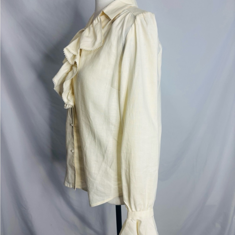 Lauren Ralph Lauren 100% Linen Ruffle Front Pearl Button up Blouse Size tag - Picture 7 of 10
